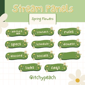 Peut inclure: Panneaux de diffusion verts et blancs sur le thème des fleurs de printemps. Les panneaux comportent du texte tel que "à propos de moi", "contact", "règles", "spécifications", "horaire", "faire un don", "discord", "réseaux sociaux", "liens" et "FAQ". Le texte est en blanc et les panneaux sont décorés de petites fleurs blanches et d'étoiles jaunes.