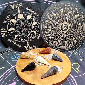 Pendulum Board & Pendulum Set, divination, pendulum, spirit communication, guidance, red jasper, blue Aventurine, Hematite, serpentine