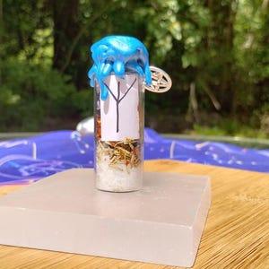May include: A small glass bottle with a blue wax seal on top. The bottle contains dried herbs and a white crystal. A silver charm with a rune symbol is attached to the bottle.