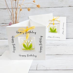 スズランのフューズドガラスの記念品カード *誕生日、記念日、新築祝い、お祝いに使えるフューズドガラスカード *5月の誕生月の花