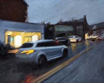 Straatauto's, origineel handgemaakt olieverfschilderij op canvasbord, impressionisme, wanddecoratie, stadsgezicht