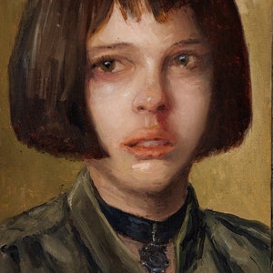 May include: A painting of a woman with short brown hair, wearing a green jacket and a black choker with a silver pendant. The woman has a serious expression on her face.