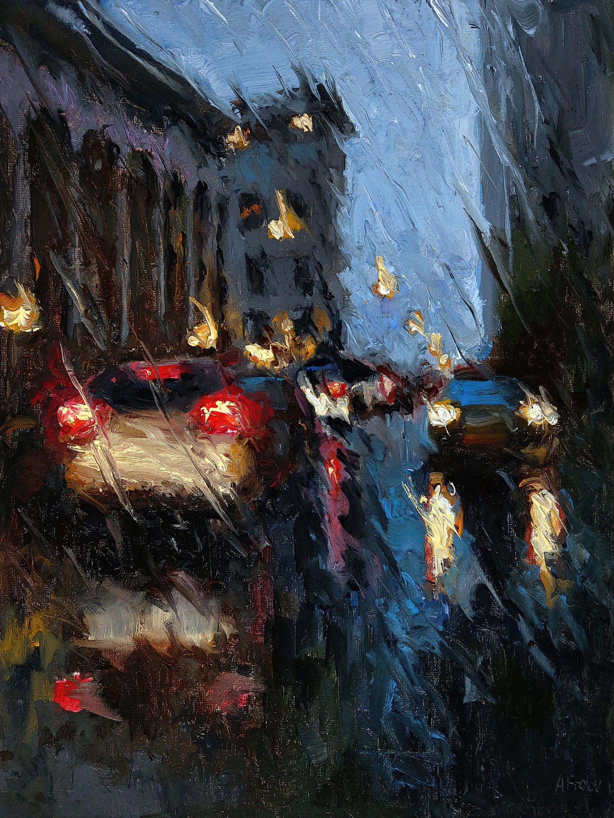 印象派風絵画 油彩 夜の色彩、現代印象派、ダウンロード可能なオリジナル油絵