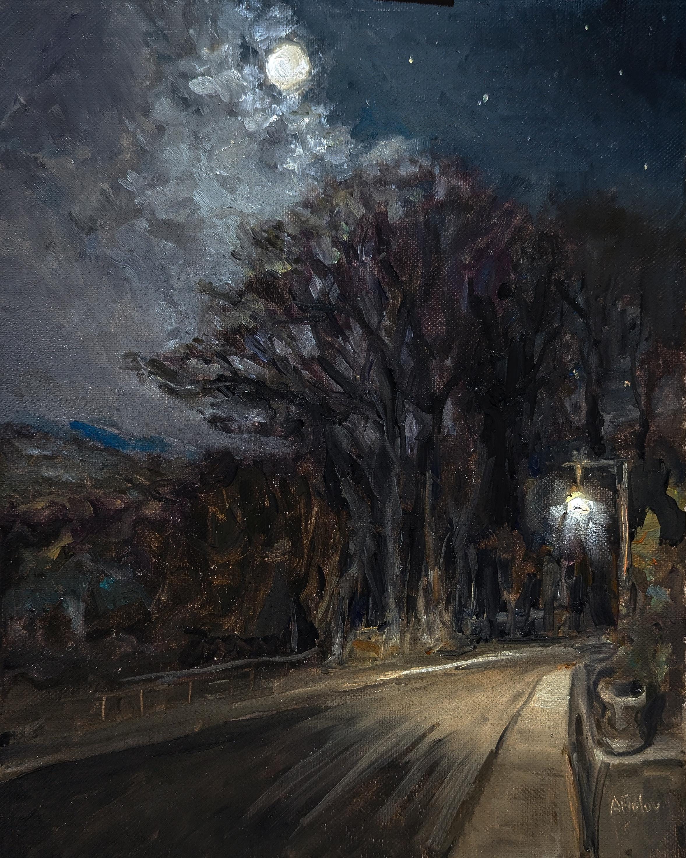 Night Street, Original Handmade Oil Painting on Canvas Board