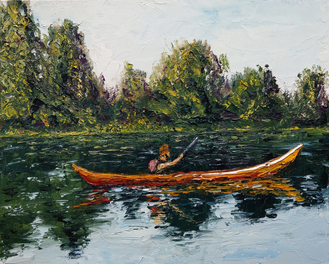 Kayaking Canoe River. Oil On Canvas Cardboard. Original Etsy
