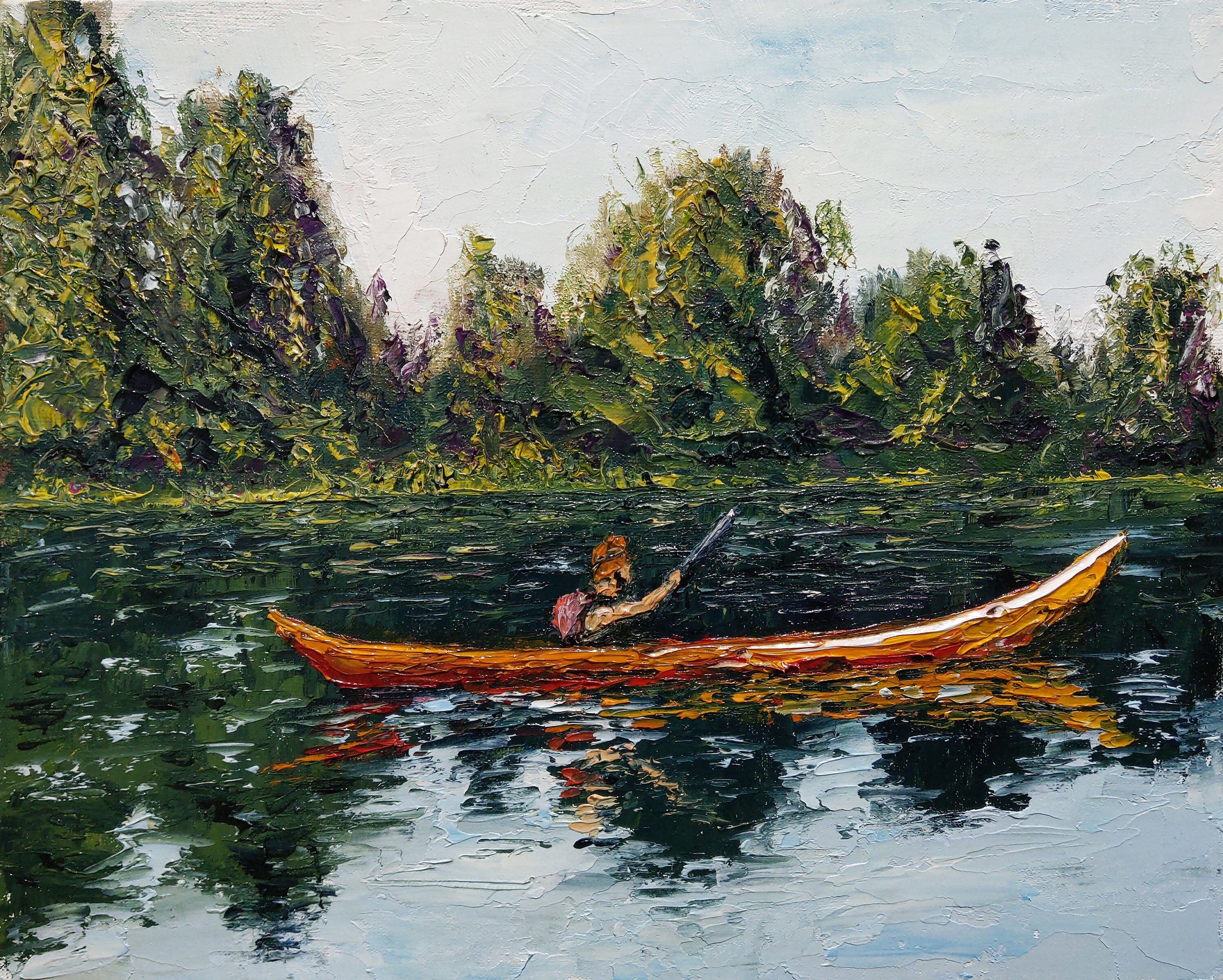 Kayaking Canoe River. Oil On Canvas Cardboard. Original Etsy