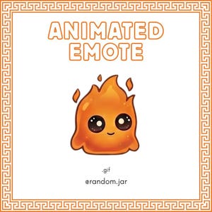 Op de afbeelding: Een geanimeerde emote met een schattig oranje vlamkarakter met grote zwarte ogen en een kleine glimlach. De tekst luidt ANIMATED EMOTE, .gif en @random.jar. De gehele afbeelding is ingesloten in een vierkante oranje Griekse rand.