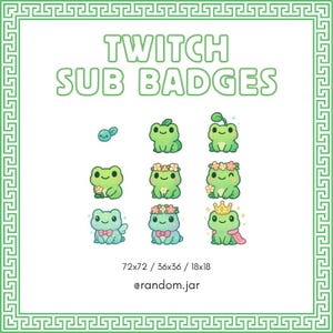 Pode incluir: Um conjunto de nove emblemas de subscrição Twitch com sapos de desenho animado. Os emblemas incluem um girino, sapos com flores, coroas e gravatas borboleta. O texto "TWITCH SUB BADGES" está no topo.