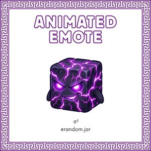 以下が含まれることがあります： 上部に「ANIMATED EMOTE」、下部に「.gif @random.jar」のテキストがあるデジタルグラフィック。中央には、紫色の光るひび割れ、光る目、そしてニヤリとした笑みを浮かべた、濃い紫と黒の立方体のキャラクターが描かれており、ギリシャ風の縁取りで囲まれています。