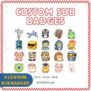 Könnte beinhalten: Eine Sammlung von zwanzig kleinen, bunten digitalen Symbolen mit verschiedenen Charakteren, Tieren und Kreaturen. Der Text CUSTOM SUB BADGES steht oben, während 72x72, 36x36, 18x18 und @random.jar am unteren Rand der Abbildung zu sehen sind.