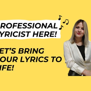 Könnte beinhalten: Gelber Hintergrund mit dem Text "PROFESSIONAL LYRICIST HERE!" und "LET'S BRING YOUR LYRICS TO LIFE!" in Schwarz. Noten befinden sich in der oberen rechten Ecke. Eine Frau mit blonden Haaren befindet sich auf der rechten Seite des Bildes.