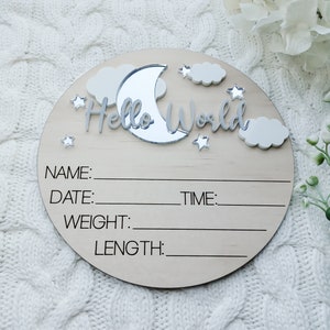 Hello World Moon and Stars Birth Announcement | Wooden Name Plaque | Baby Announcement | Introducing Baby | Birth Details Sign | Birth Stats