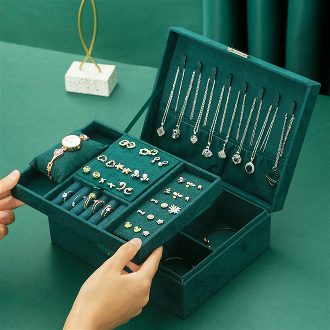 Vintage Green Velvet Large Jewelry Storage Box, Necklace Earrings