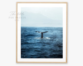 Whale Print, Whale in Ocean, Whale Diving, Whale Tail, Coastal Wall Art