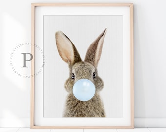 Bubble Gum Print, Baby Bunny Print, Bunny Rabbit Print, Nursery Wall Art, Woodland Decor, Digital Download, Boys Bedroom Decor