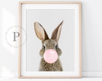 Bubble Gum Print, Baby Bunny Print, Bunny Rabbit Print, Nursery Wall Art, Woodland Decor, Digital Download, Baby Animal Prints for Nursery