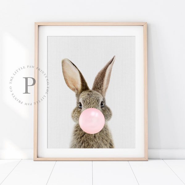 Bubble Gum Print, Baby Bunny Print, Bunny Rabbit Print, Nursery Wall Art, Woodland Decor, Digital Download, Baby Animal Prints for Nursery