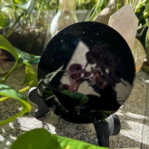 May include: A round, black, reflective object, possibly a lens or mirror, is displayed on a small black stand. The object reflects a blurred image of flowers and greenery. The scene is set amidst lush green plants and other decorative items.