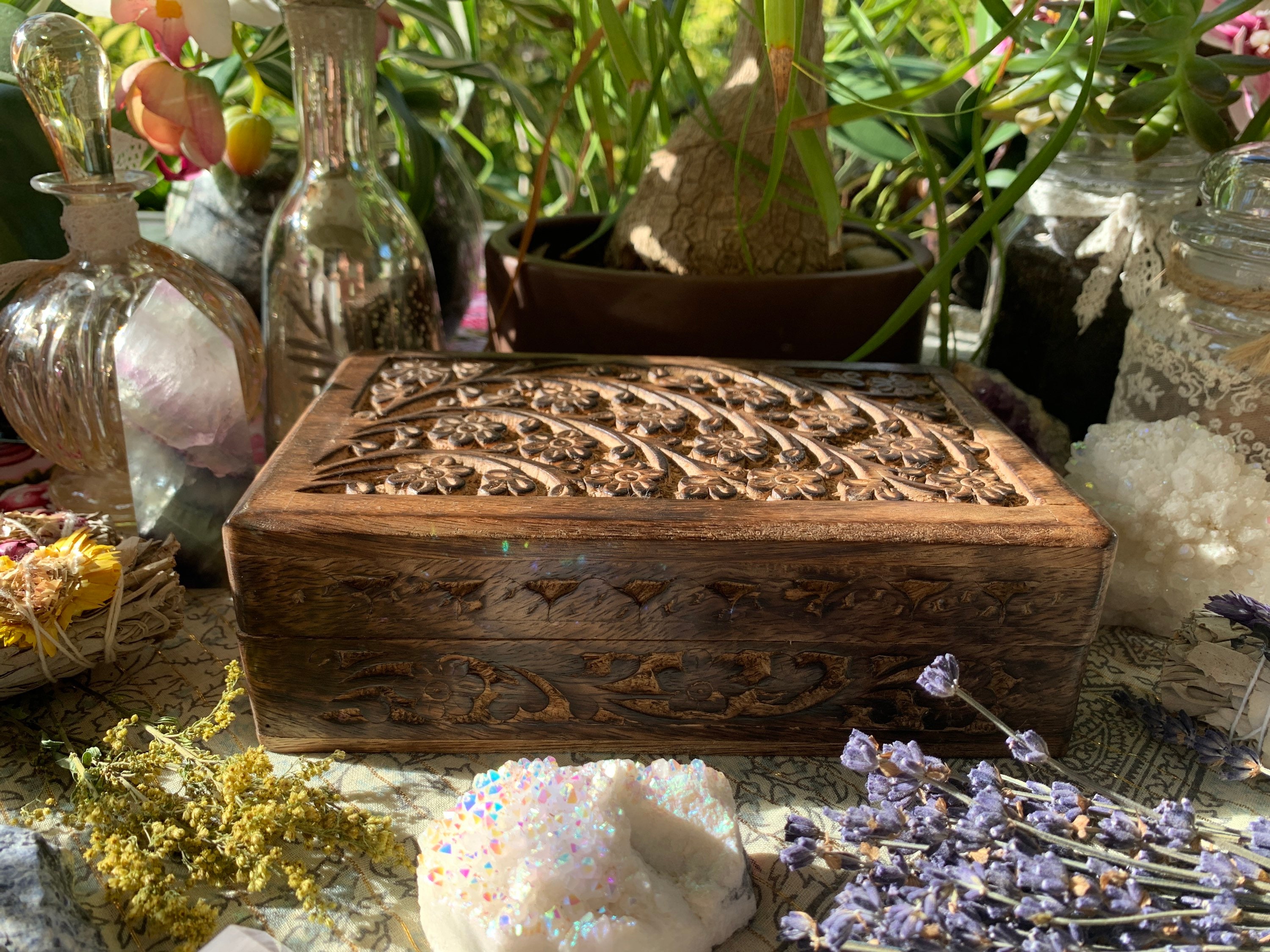 Medium Floral Carved Wood Box 8x5 w/ Hibiscus
