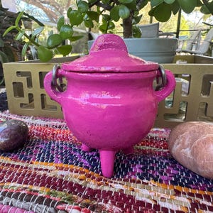 May include: A bright pink, lidded cauldron with three legs and two handles. The cauldron is sitting on a colorful, woven mat with a dark purple stone and a light brown stone nearby. The background includes plants and a gold-colored decorative box.