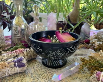 Black Soapstone Pedestal Altar Bowl