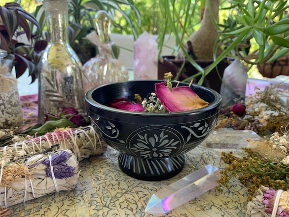 Black Soapstone Pedestal Altar Bowl