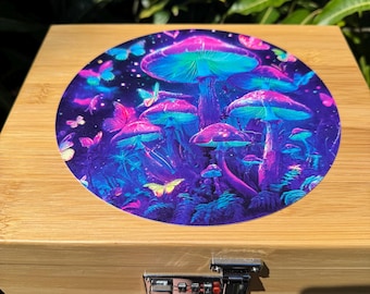 Large Wooden Stash Box with Mushroom Butterly Design