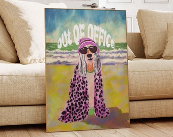 Out of Office Poster, Home Office Wall Art, Dog Poster, Cool Dog on The Beach Art, Surreal Art Print, Retro Wall Art, Weird art print PS0547