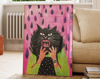 Surreal Black Cat Art, Bold Pink Art Poster, Cat Poster, Surreal Art Print, Trippy Wall Art, Weird art print, Preppy Wall Art PS0546-2