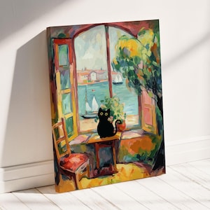 May include: A colorful canvas print of a painting depicting a black cat sitting on a table by a window. The window overlooks a body of water with sailboats. The painting has a vibrant, impressionistic style with bold brushstrokes and a warm color palette.