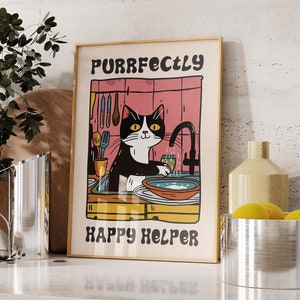 Cat Wall Art, Kitchen Wall Art, Tuxedo Cat Art, Cat Print, Retro Kitchen Poster, Dishes Posters, Kitchen Prints Wall Decor, Gift Idea PS0566