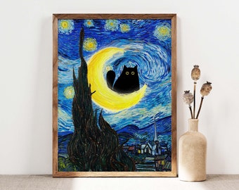 Vincent Van Gogh's The Starry Night Cat Print, Van Gogh Cat Poster, Black Cat Art, Funny Cat print, Funny gift, Home decor Poster PS0183