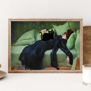 Impression de chat noir, affiche de chat de jeune femme décadente, art de chat de Ramon Casas, impression de chat drôle après la danse, cadeau drôle, affiche de décoration intérieure PS0451