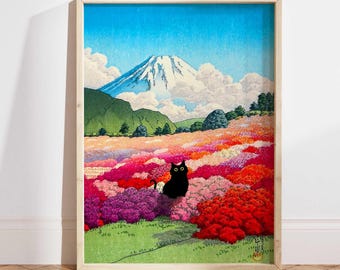 Black Cat Mount Fuji from an Azalea Garden Poster, Landscape Poster, Fuji Mountain Art Print, Japanese Art, Flowers Print, Gift Idea PS0308