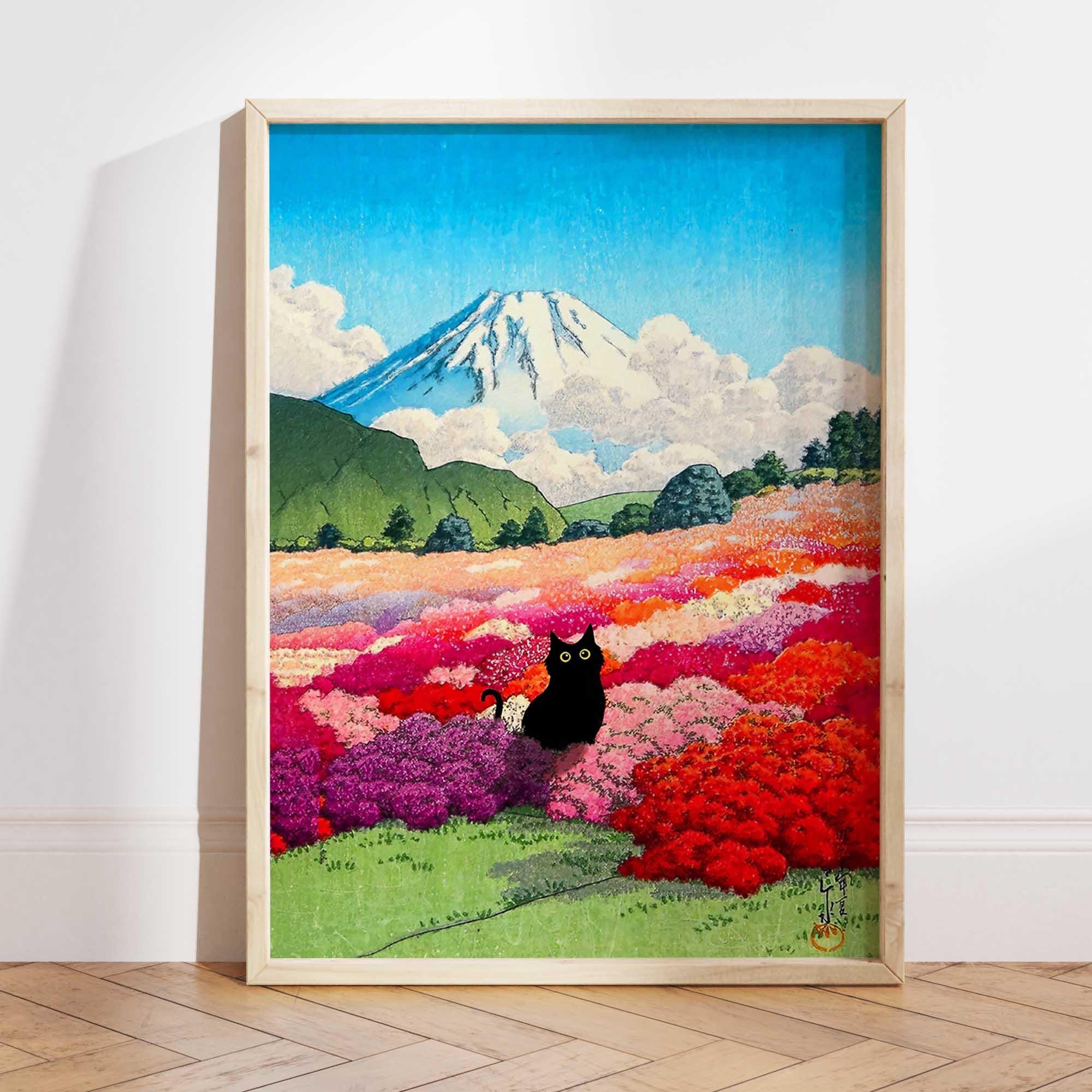 Black Cat Mount Fuji From an Azalea Garden Poster, Landscape