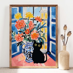 Black Cat Print, Matisse Flowers Cat Poster, Cat Art, Floral Print, Funny Cat, Funny gift, Home decor Poster, Black Kitten Gift Idea C002