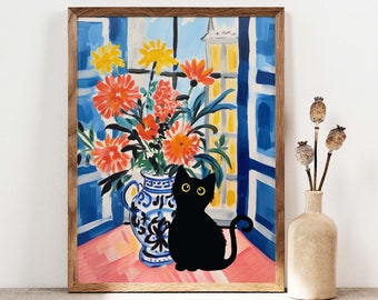 Black Cat Print, Matisse Flowers Cat Poster, Cat Art, Floral Print, Funny Cat, Funny gift, Home decor Poster, Black Kitten Gift Idea C002