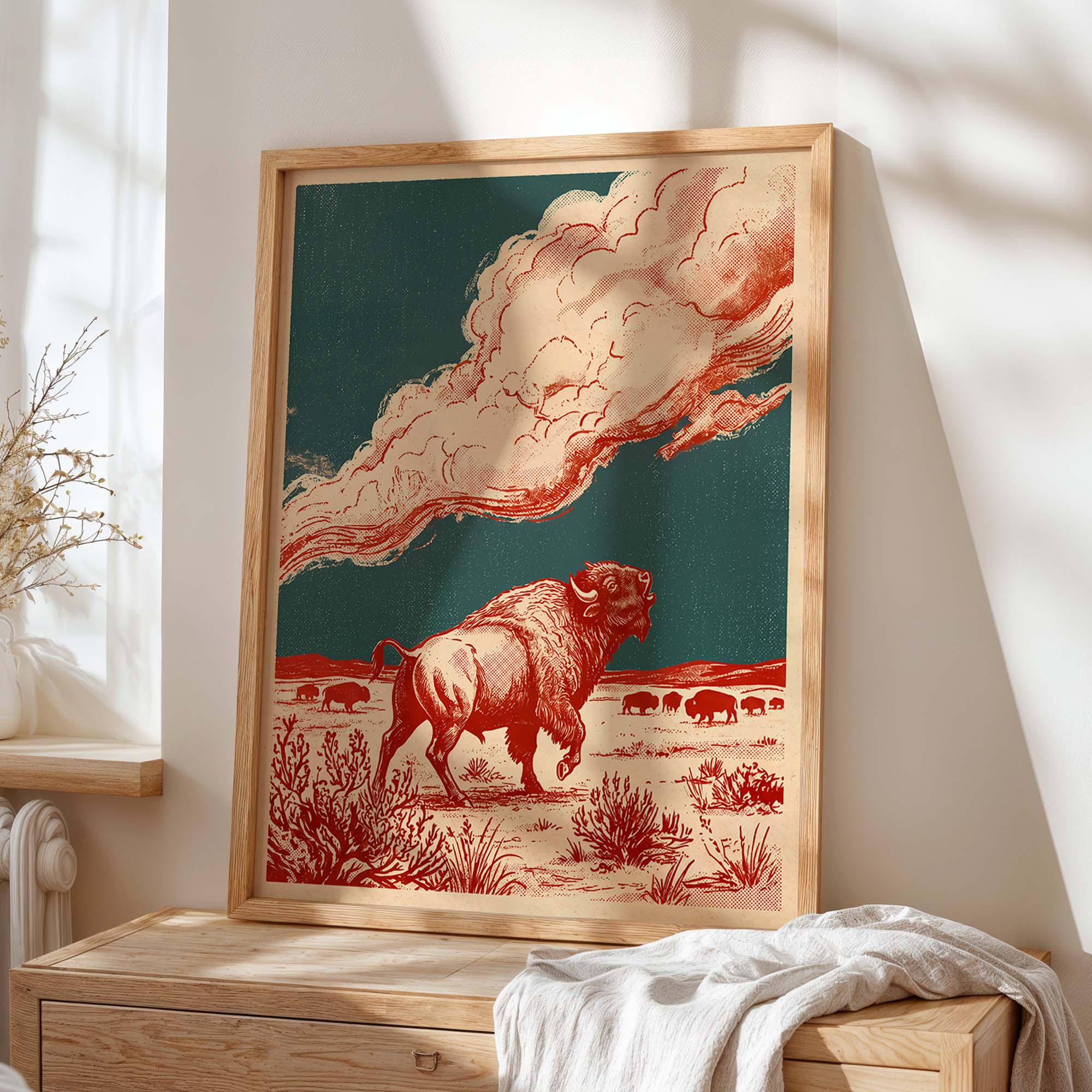 Buffalo Wall Art Print, Bison Western Poster, Vintage Prairie Landscape ...