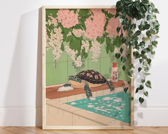 Turtle in bathtub Japanese bathroom decor, Japan art print, Aesthetic wall art, Neutral minimalist poster, Turtle Lover Gift