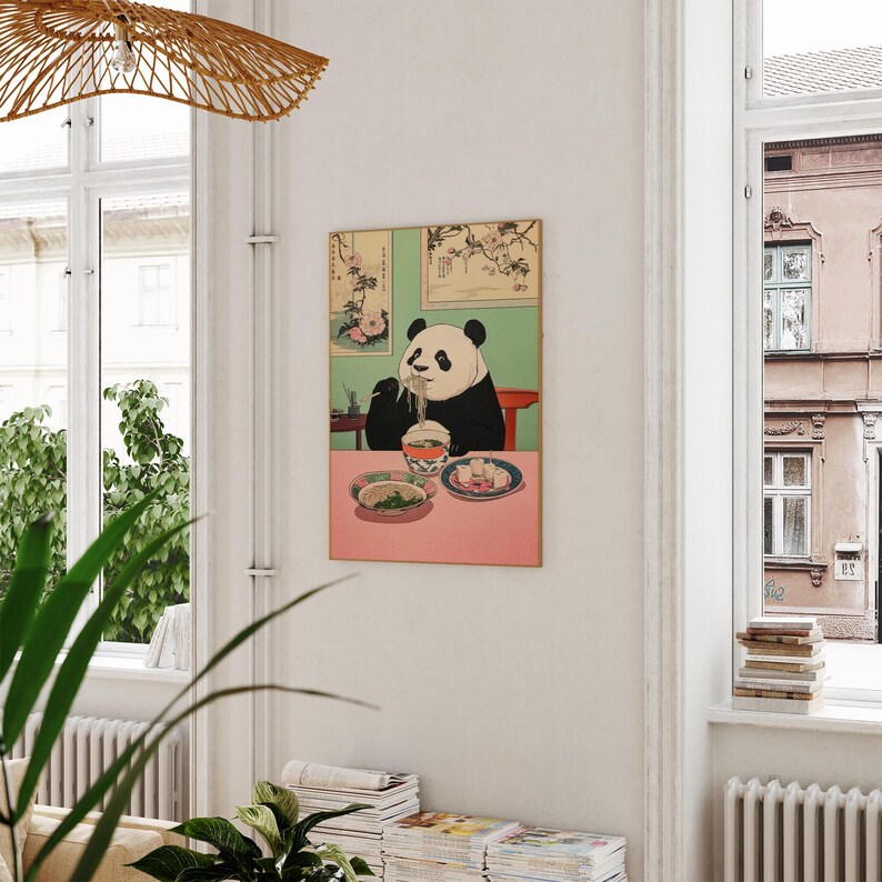 Panda Eating Noodles Japan Art Print, Japanese Wall Decor, Neutral ...