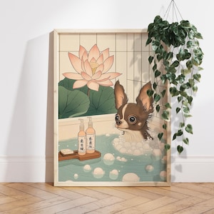Chocolate Chihuahua in Bathtub Bathroom Print, Japanese dog gift, Japandi decor art Poster, Neutral wall decor Dog Lover Gift PS0747