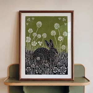 Hare Wall Art Print, Rabbit Linocut Poster, Olive Green Meadow Wildlife Decor, Cottagecore Animal Block Print