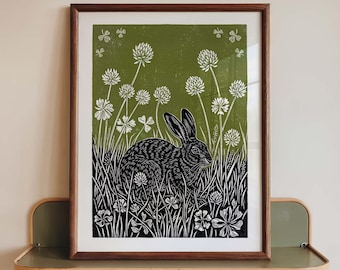 Hare Wall Art Print, Rabbit Linocut Poster, Olive Green Meadow Wildlife Decor, Cottagecore Animal Block Print