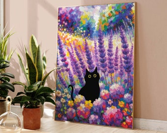 Black Cat Poster, Lavender Garden Cat Print, Garden Flowers Cat Poster, Cat Art, Funny Cat print, Funny gift Idea, Home decor Poster PS0526