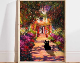 Monet Garden Cat Print, Claude Monet Flowers Cat Poster, Cat Art, Floral Print, Funny Cat print, Funny gift, Home decor Poster PS0283