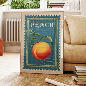 Pfirsich Poster im Vintage-Stil, klassische Briefmarke, elegante Frucht, Kunstdruck für Küche, Wanddekoration, Food Art ST01
