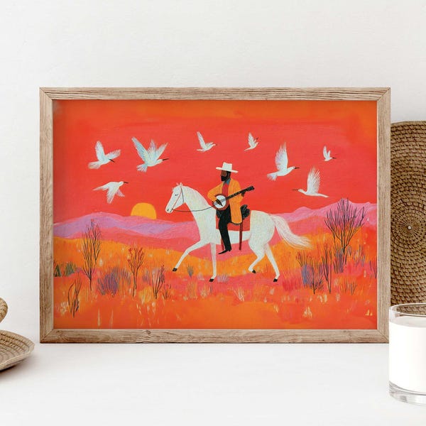 Cowboy Playing Banjo Art Print, Red Western Wall Art, White Horse Desert Sunset Illustration, Southwestern Boho Decor, Western Art Gift Idea