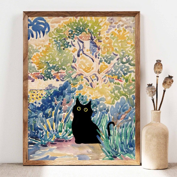 Impresión de gato negro, cartel de gato de Henri Cross Garden, arte de gato negro, estampado floral, impresión de gato divertido, idea de regalo divertida, cartel de decoración del hogar PS0430