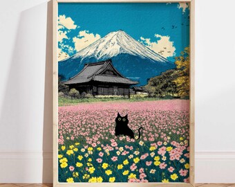ピンクの花畑に佇む黒猫のプリント、富士山のポスター、日本の猫の