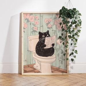 Poster con gatto in stile giapponese, regalo divertente da parete per il bagno, stampa con gatto nero sul water, arredo bagno zen, regalo per amanti dei gatti, stampa umoristica sul water PS0761